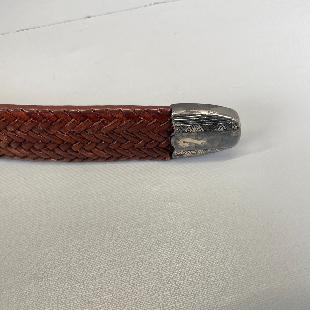 PING Brown Italian Leather Basketweave Belt Mens Size 38 Western Buckle - Picture 3 of 11